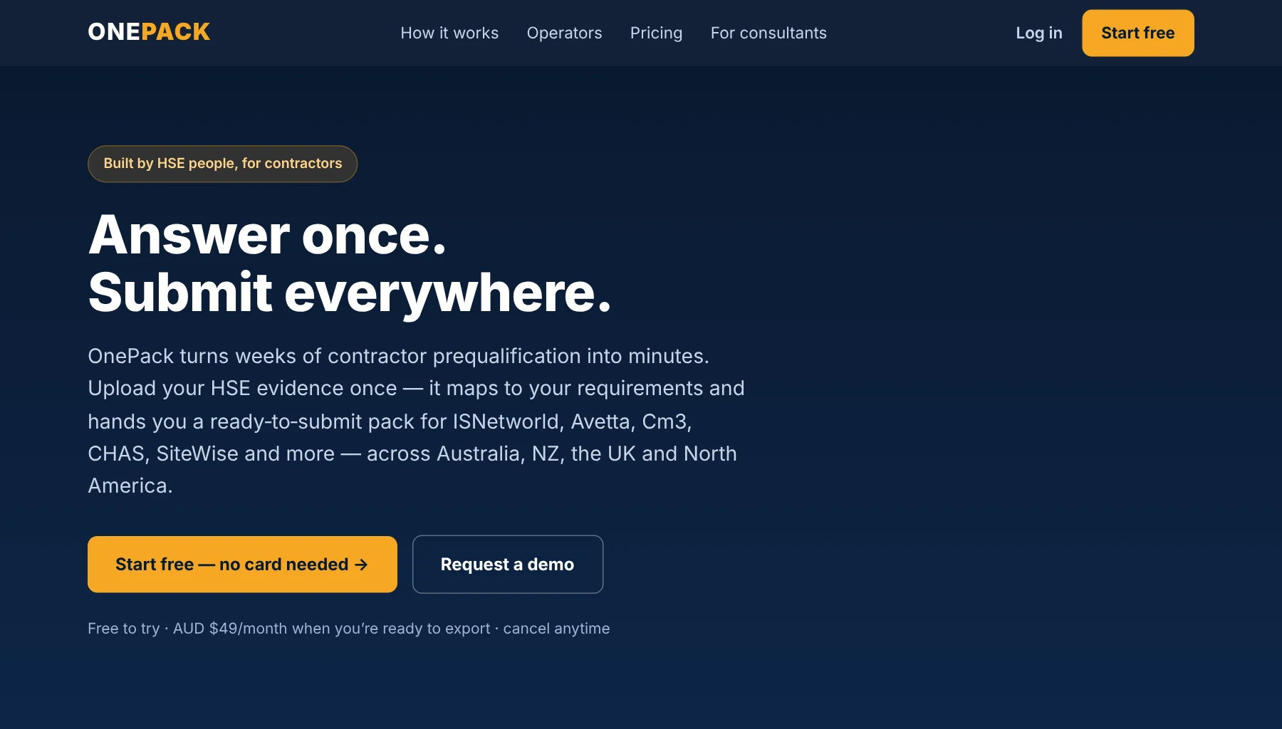 The onepack.au home page: Answer once. Submit everywhere.