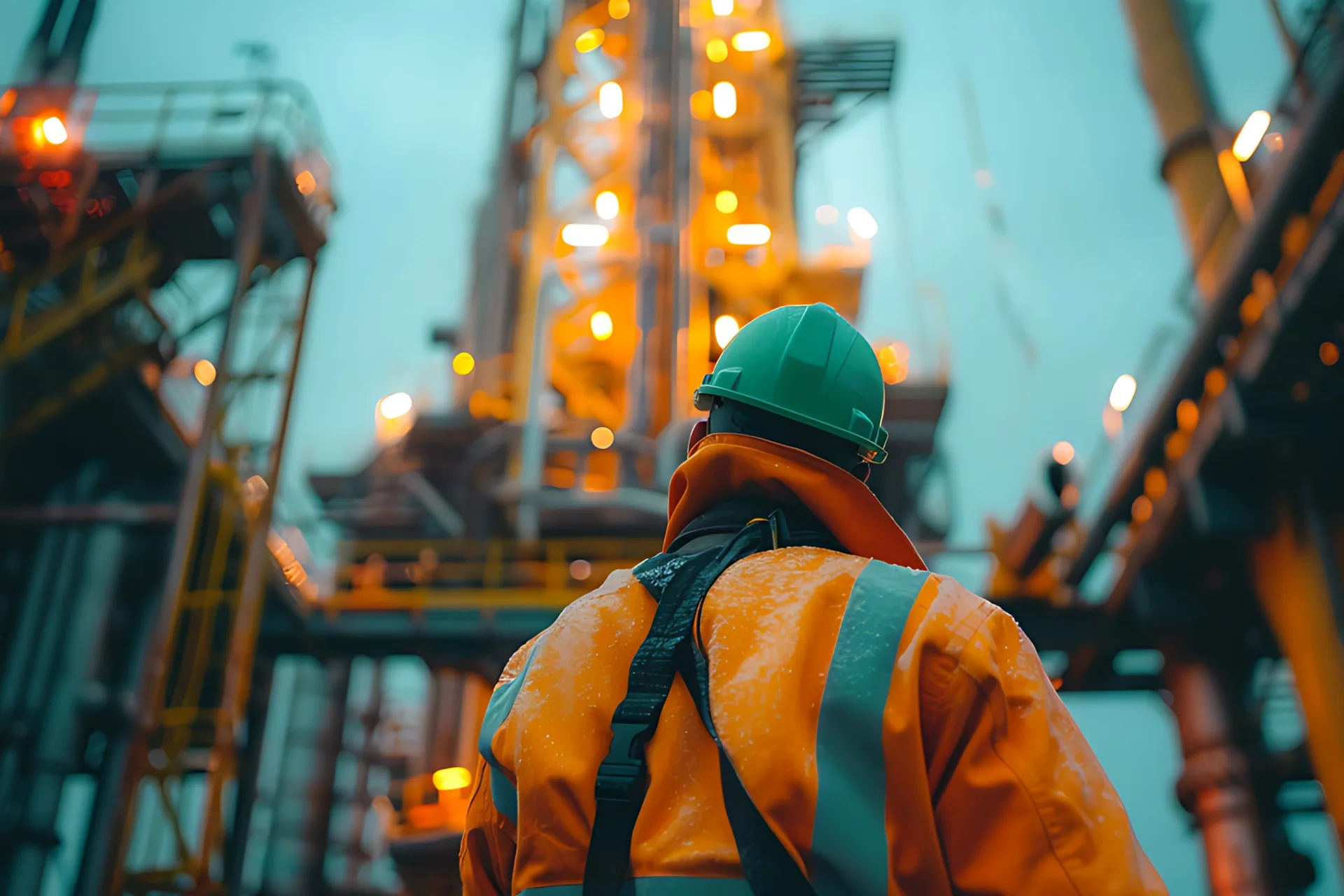 Person in long-sleeve orange PPE, hard hat and harness looking up at a drilling rig